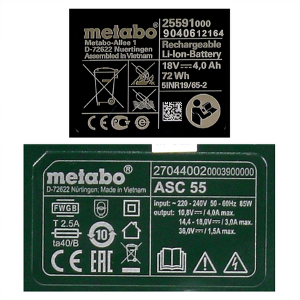Metabo basic set 2x Li-Power batería 18 V 4.0 Ah CAS Li-Ion ( 2x 625591000 ) + cargador ASC 55 ( 627044000 )