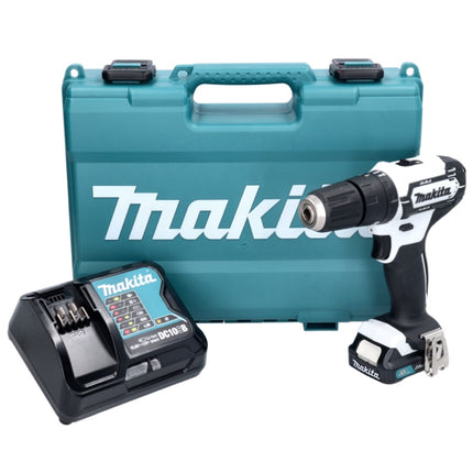 Taladro percutor a batería Makita HP 333 DSAW 12 V 30 Nm blanco + 1 batería de 2,0 Ah + cargador + maletín