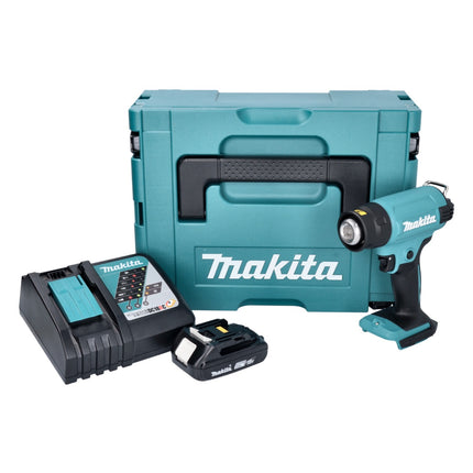 Pistola de aire caliente sin cable Makita DHG 180 RA1J 18 V 550 °C + 1x batería recargable 2,0 Ah + cargador + Makpac