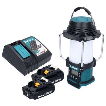 Makita DMR 055 RA radio inalámbrica 18 V FM con linterna 360° + 2x batería recargable 2,0 Ah + cargador