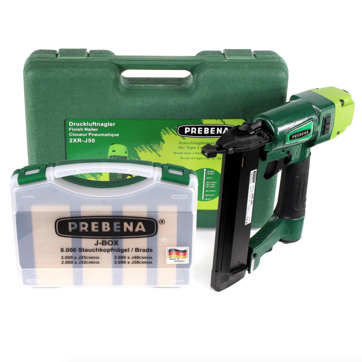 Prebena 2XR-J50 Luftdruck Druckluftnagler im Transportkoffer + J-BOX 8.000 Stauchkopfnägel / Brads
