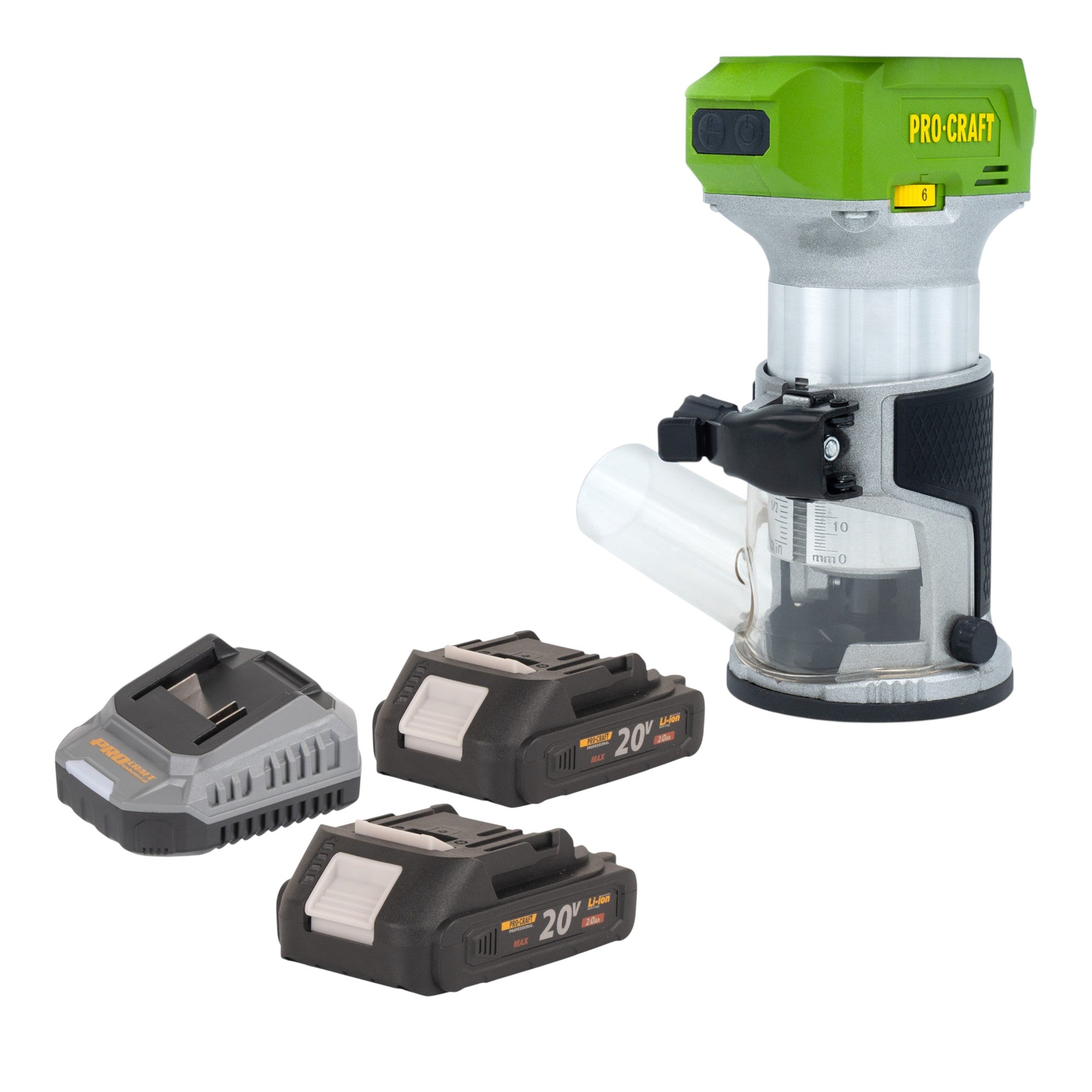 Procraft POB24bb Akku Multifunktionsfräse 20 V 6 / 8 mm Brushless + 2x Akku 2,0 Ah + Ladegerät