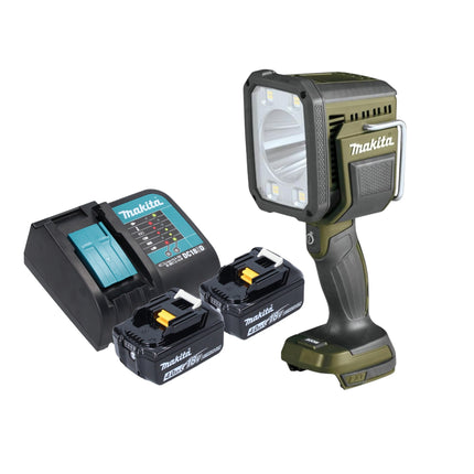 Makita DML 812 SM akumulatorowa lampa ręczna 18 V 1250 lm LED Olive Green Outdoor Adventure edycja specjalna + 2x akumulator 4,0 Ah + ładowarka