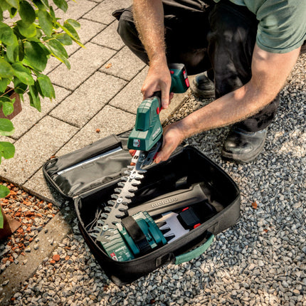 Akumulatorowe nożyce do trawy i krzewów Metabo PowerMaxx SGS 12 Q 12 V ( 601608500 ) + 1x akumulator 2,0 Ah + ładowarka + torba
