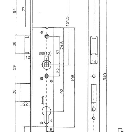 Bever tubular frame mortise lock ( 3000251215 ) PZW 24/30/92/10 mm DIN left / right deadbolt throw 22 mm 340 mm