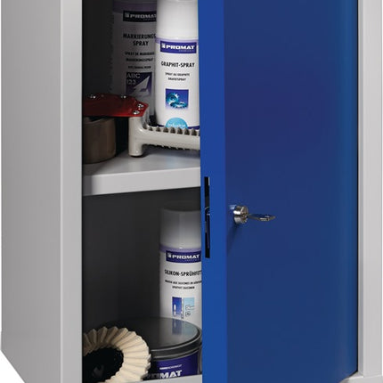 Szafka ścienna ( 9000453657 ) H600xW400xD300 mm z litej blachy, 1 półka jasnoszara, RAL 7035/niebieska, RAL 5010