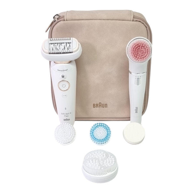 BRAUN Silk-épil 9 Flex 9-100 set di bellezza epilatore da donna / depilatore + spazzola per la pulizia del viso FaceSpa + 9 accessori + borsa bianco / oro
