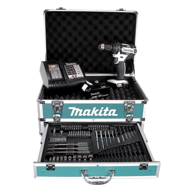 Makita DHP 482 W SGX4 Akku Schlagbohrschrauber 18V 62Nm + 1x Akku 6,0Ah + Ladegerät + 70tlg. Bit Bohrer Set + Koffer