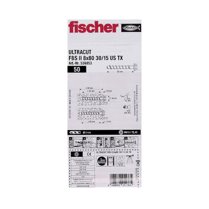 Fischer ULTRACUT FBS II Betonschraube 8x80mm 30/15 100 Stk. Sechskantkopf SW13 U-Scheibe TX40 galvanisch verzinkt ( 536853 ) + Stahl Beton Bohrer SDS-Plus 10x215 ( B-58213 )