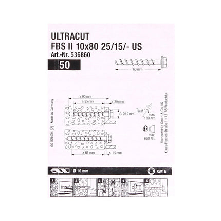 Fischer ULTRACUT FBS II Betonschrauben 10x80mm 25/15/- 100 Stk. Sechskantkopf SW15 ( 2x 536860 )