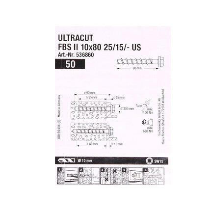 Fischer tornillos para hormigón ULTRACUT FBS II 10x80mm 25/15/- 50 piezas cabeza hexagonal SW15 (536860) + Makita NEMESIS 2 SDS-Plus 10x215mm (B-58213)