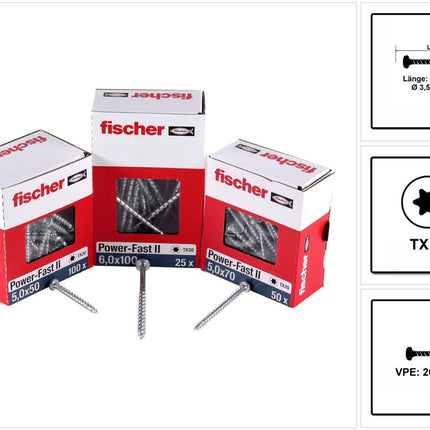 Fischer Power-Fast II FPF II Spanplattenschraube 3,5x25 mm 200 Stück ( 670101 ) Pan Head mit Torx Vollgewinde galvanisch verzinkt, blau passiviert