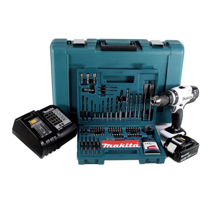 Makita DHP 453 STTK W Taladro percutor inalámbrico 18 V 42Nm + 1x batería 5,0Ah + cargador + juego de brocas de 100 piezas + estuche