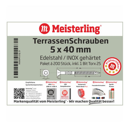 Tornillos para terraza Meisterling 5x40 mm 1200 piezas (6x 010010000001) Punta CUT Lente de 90° Cabeza avellanada con rosca gruesa Torx 2/3 Acero inoxidable VA