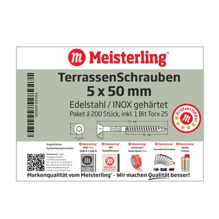 Tornillos para terraza Meisterling 5x50 mm 1200 piezas (6x 010010000011) Punta CUT Lente de 90° Cabeza avellanada con rosca gruesa Torx 2/3 Acero inoxidable VA