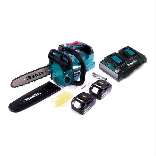Motosierra a batería Makita DUC 256 PF 36 V (2x 18 V) sin escobillas 25 cm + 2x baterías 3,0 Ah + cargador doble