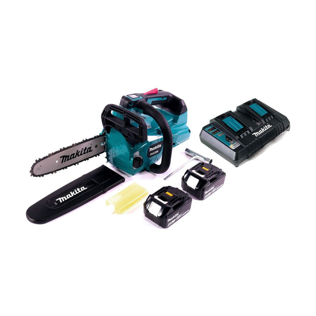 Motosierra a batería Makita DUC 256 PM 36 V (2x 18 V) sin escobillas 25 cm + 2x baterías 4,0 Ah + cargador doble