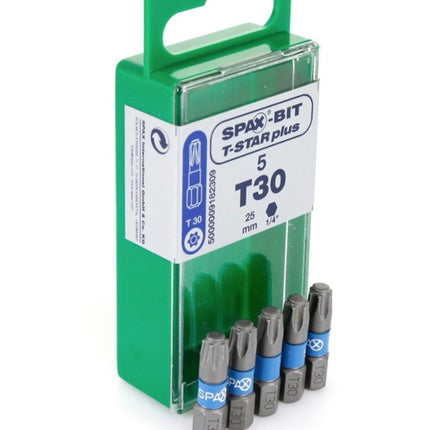 SPAX Set d'embouts T-STAR plus T30 - 6,4 x 25 mm, 5 pcs. + Vis à tête plate HI.FORCE 6,0 x 80 mm 200 pcs. (5000009182309) (0251010600805)