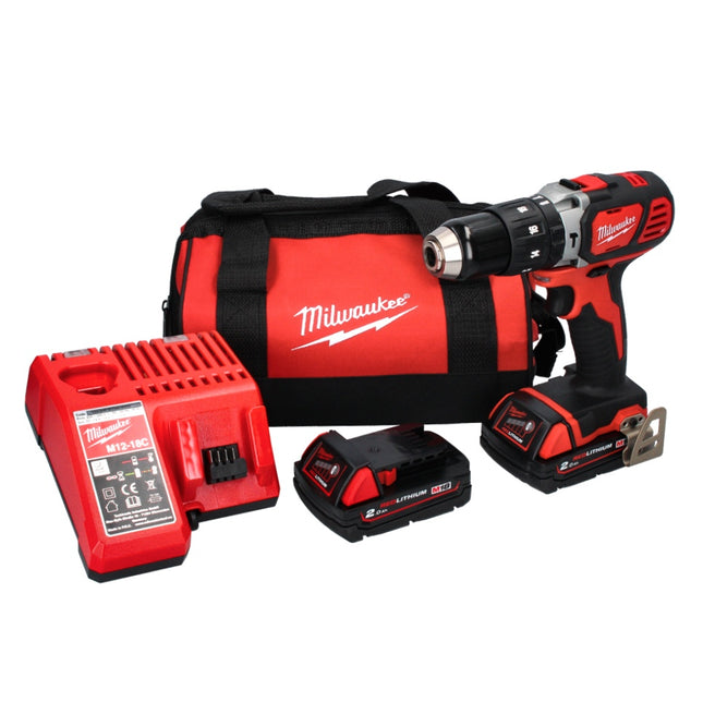 Milwaukee M18 BPD-202B Compact Percussion Drill 60Nm 18V + 2x Batteries 2.0 Ah + Charger + Bag