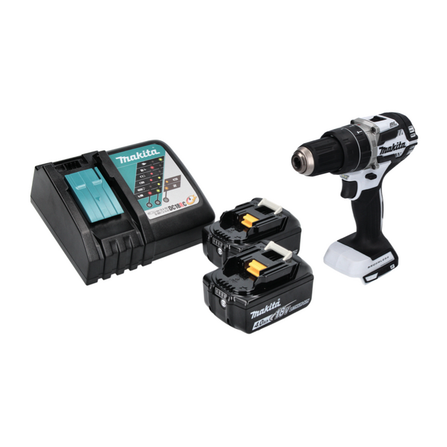 Makita DHP 484 RM W Taladro percutor inalámbrico 18 V 54 Nm sin escobillas blanco + 2x baterías 4,0 Ah + cargador