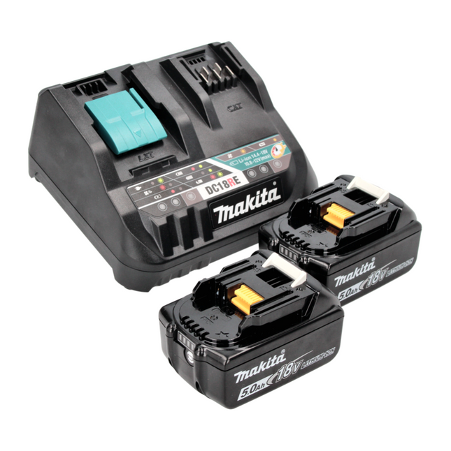 Kit de alimentación Makita 18 V con - 2x Baterías BL 1850 B 5,0 Ah (2x 197280-8) + Cargador Multi-Rápido DC 18 RE (198720-9)