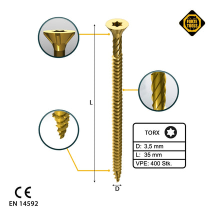 FORTE Tools Universal Holzschraube 3,5 x 35 mm T15 400 Stk. ( 2x 000051399469 ) gelb verzinkt Torx Senkkopf Vollgewinde