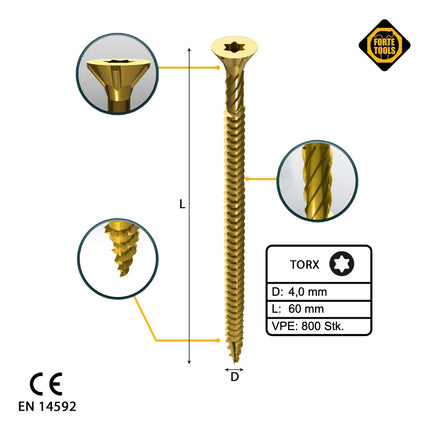 FORTE Tools Universal Holzschraube 4,0 x 60 mm T20 800 Stk. ( 4x 000051399476 ) gelb verzinkt Torx Senkkopf Vollgewinde