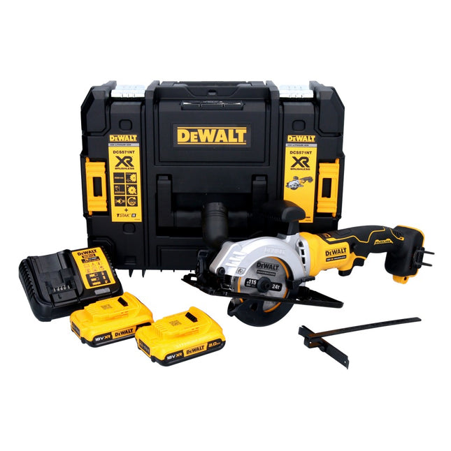 Sega circolare a batteria DeWalt DCS 571 D2 18 V 115 mm senza spazzole + 2x batteria 2,0 Ah + caricabatterie + TSTAK