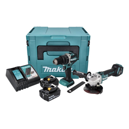Makita DLX 2272 TJ Kit combiné meuleuse d'angle sans fil DGA 513 + perceuse-visseuse à percussion sans fil DHP 484 + 2x batterie 5,0 Ah + chargeur + Makpac