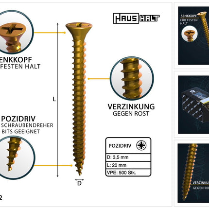 HausHalt Universal Holzbauschraube Holzschraube 3,5 x 20 mm PZ2 500 Stk. ( 000051371132 ) gelb verzinkt Kreuzschlitz Pozidriv Senkkopf Vollgewinde - Toolbrothers