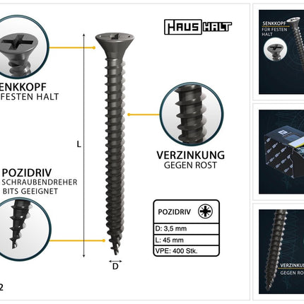 HausHalt Universal Holzbauschraube Holzschraube 3,5 x 45 mm PZ2 400 Stk. ( 000051371108 ) silber verzinkt Kreuzschlitz Pozidriv Senkkopf Vollgewinde - Toolbrothers
