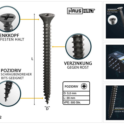 HausHalt Universal Holzbauschraube Holzschraube 5,0 x 20 mm PZ2 500 Stk. ( 000051371187 ) silber verzinkt Kreuzschlitz Pozidriv Senkkopf Vollgewinde - Toolbrothers