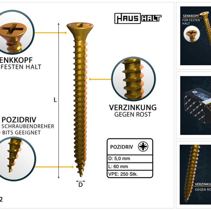 HausHalt Universal Holzbauschraube Holzschraube 5,0 x 60 mm PZ2 250 Stk. ( 000051371202 ) gelb verzinkt Kreuzschlitz Pozidriv Senkkopf Vollgewinde - Toolbrothers