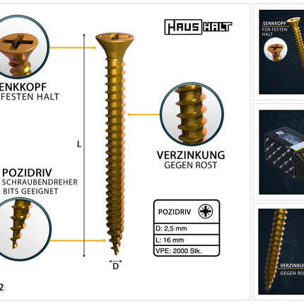 HausHalt Vis à bois universelle 2,5 x 16 mm PZ1 - 2000 pièces (2x 000051371121)
