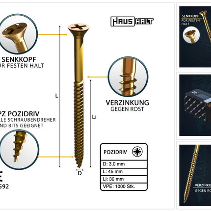 HausHalt Universal Holzbauschraube Holzschraube 3,0 x 45 mm PZ1 1000 Stk. ( 2x 000051371129 ) gelb verzinkt Kreuzschlitz Pozidriv Senkkopf Teilgewinde - Toolbrothers