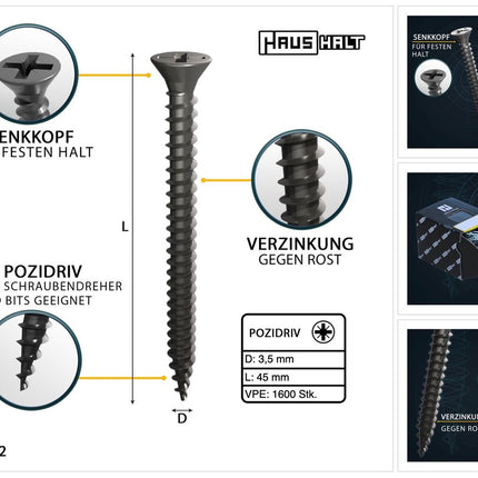 HausHalt Universal Holzbauschraube Holzschraube 3,5 x 45 mm PZ2 1600 Stk. ( 4x 000051371108 ) silber verzinkt Kreuzschlitz Pozidriv Senkkopf Vollgewinde - Toolbrothers