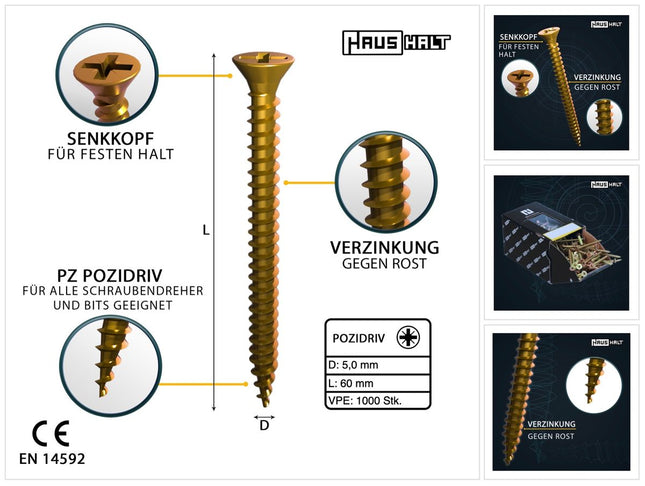 HausHalt Universal Wood Screw 5.0x60mm - PZ2 - Yellow zinc plated - Phillips Pozidriv - Countersunk head - Full thread - 1000 pcs. (4x 000051371202)