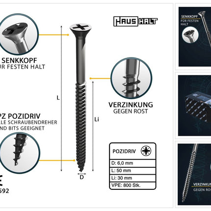 HausHalt Universal Holzbauschraube Holzschraube 6,0 x 50 mm PZ3 800 Stk. ( 4x 000051371227 ) silber verzinkt Kreuzschlitz Pozidriv Senkkopf Teilgewinde - Toolbrothers