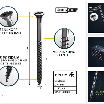 HausHalt Universal Holzbauschraube Holzschraube 5,0 x 45 mm PZ2 1200 Stk. ( 4x 000051371196 ) silber verzinkt Kreuzschlitz Pozidriv Senkkopf Teilgewinde - Toolbrothers