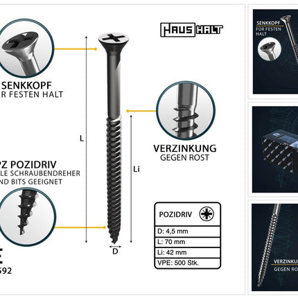 HausHalt Universal Holzbauschraube Holzschraube 4,5 x 70 mm PZ2 500 Stk. ( 2x 000051371177 ) silber verzinkt Kreuzschlitz Pozidriv Senkkopf Teilgewinde - Toolbrothers