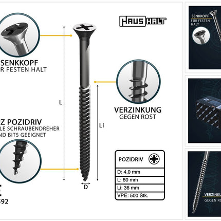 HausHalt Universal Holzbauschraube Holzschraube 4,0 x 60 mm PZ2 500 Stk. ( 2x 000051371154 ) silber verzinkt Kreuzschlitz Pozidriv Senkkopf Teilgewinde - Toolbrothers
