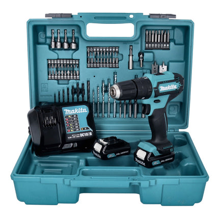 Trapano a percussione a batteria Makita HP 333 DSAX1 12 V 30 Nm + 2x batteria ricaricabile 2,0 Ah + caricabatterie + set di punte e punte da 74 pezzi + valigetta