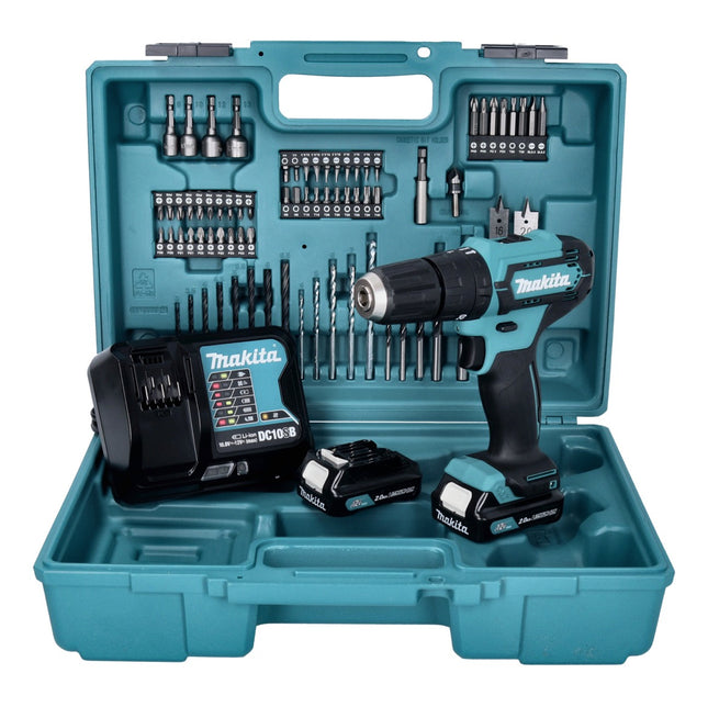 Trapano a percussione a batteria Makita HP 333 DSAX1 12 V 30 Nm + 2x batteria ricaricabile 2,0 Ah + caricabatterie + set di punte e punte da 74 pezzi + valigetta
