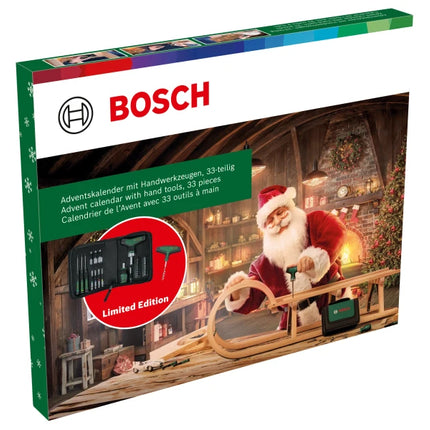 Bosch Hand Tools Calendario de Adviento 2024 con juego de herramientas de 33 piezas ( 1600A0349X ) Destornillador de carraca de puntas Mango en T, destornillador de precisión, destornillador de puntas Stubby, accesorios, sacacorchos, bolsa