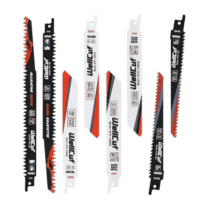 WellCut Säbelsägeblatt Set, 8-teilig, für Holz, Kunststoff und Metall, HCS-Stahl, mit Universalschaft, rost- & kollisionsbeständig ( ‎‎‎WC-RB8 )