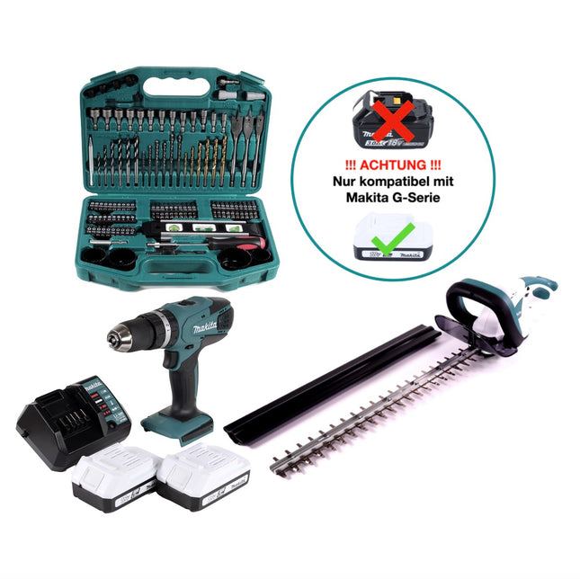 Makita HP 457 DWE 18V Cordless Combi Drill + UH 522 DZ 52cm 18V Cordless Hedge Trimmer (G Series) + 2 x Batteries 1.5Ah + Charger + Set 74 pcs.