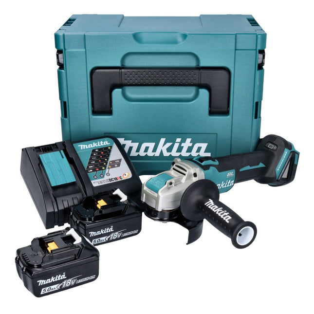Makita DGA 521 RTX1J cordless angle grinder 18 V 125 mm X-LOCK Brushless + 2x battery 5.0 Ah + charger + Makpac