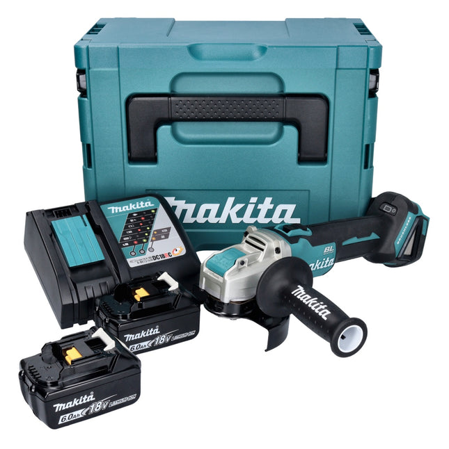 Makita DGA 521 RGX1J Cordless angle grinder 18 V 125 mm X-LOCK Brushless + 2x battery 6,0 Ah + charger + Makpac