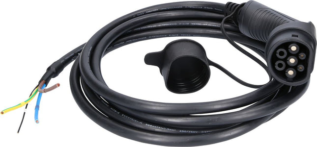 KS TOOLS Cable de carga efuturo, forma recta, extremo libre a enchufe de tipo 2 para conexión a una caja de pared, monofásico, hasta 7,4 kW, 32 A, 230 V, Modo 3, 5 metros ( 117.7255 )