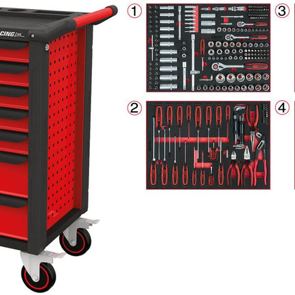 KS TOOLS RACINGline SCHWARZ/ROT Werkstattwagen mit 7 Schubladen und 515 Premium-Werkzeugen ( 826.7515 )
